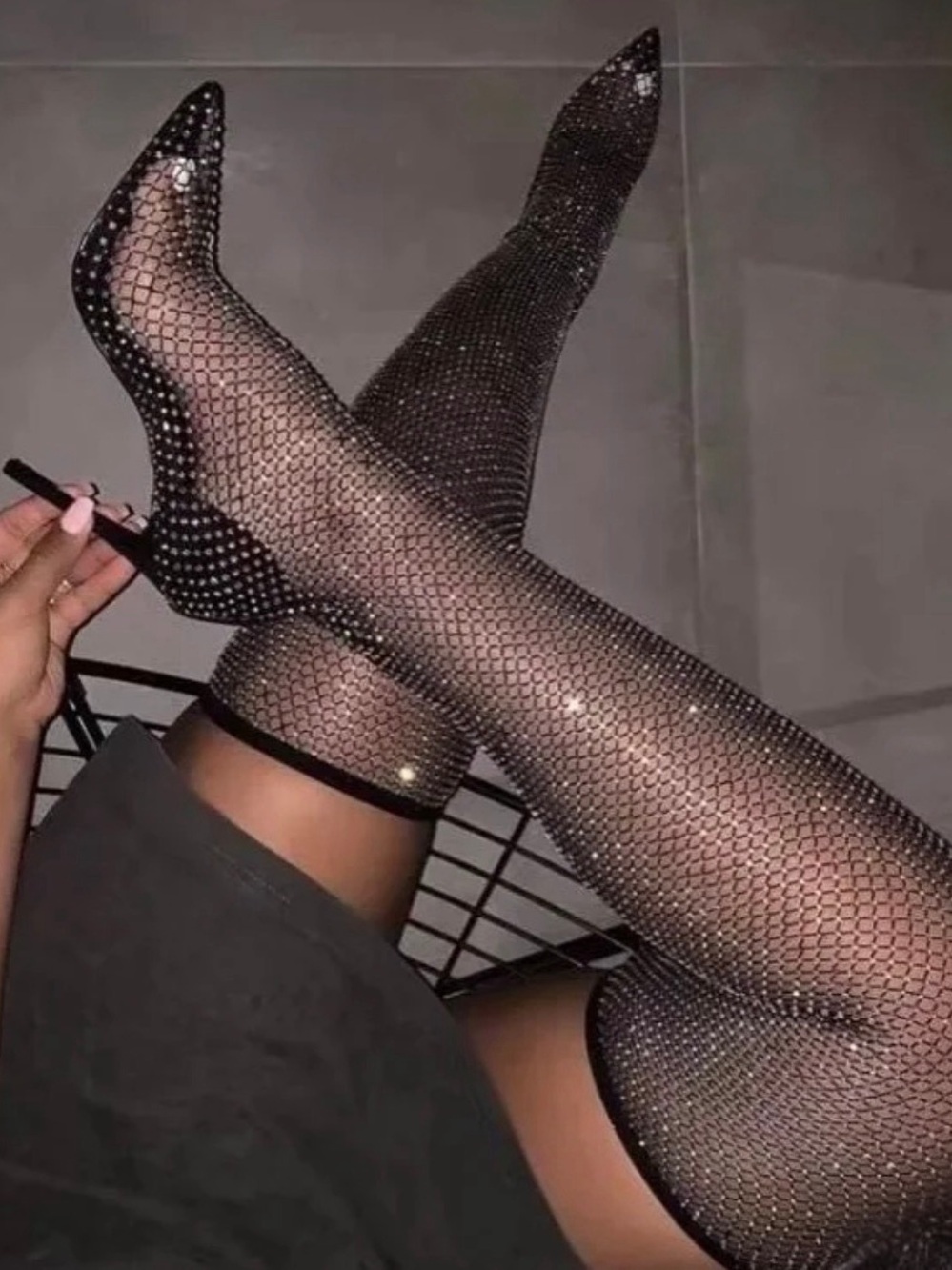 Simmi London Black Rhinestone Fishnet Thigh-Highs NEVER WORN